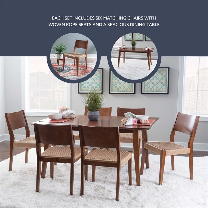 Pemberly Row 7 Pc Dining Set with Woven Rope Seats in Rich Brown Finish