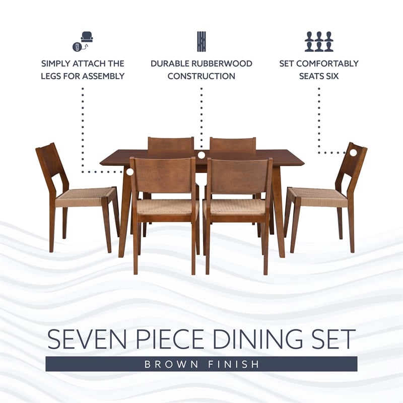 Pemberly Row 7 Pc Dining Set with Woven Rope Seats in Rich Brown Finish