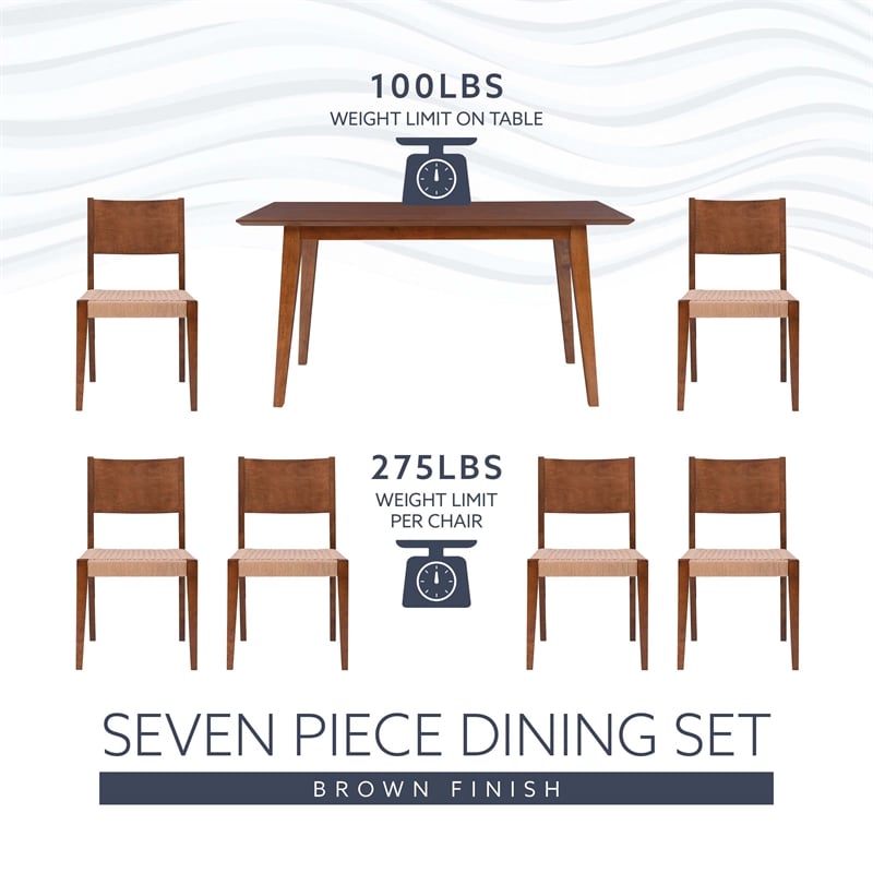 Pemberly Row 7 Pc Dining Set with Woven Rope Seats in Rich Brown Finish