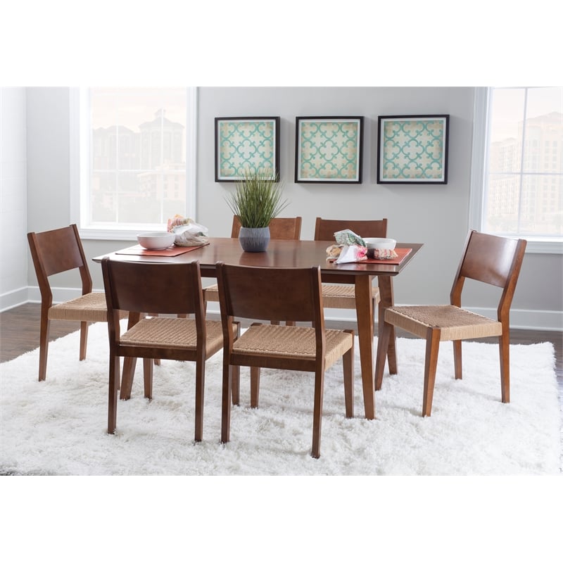 Pemberly Row 7 Pc Dining Set with Woven Rope Seats in Rich Brown Finish