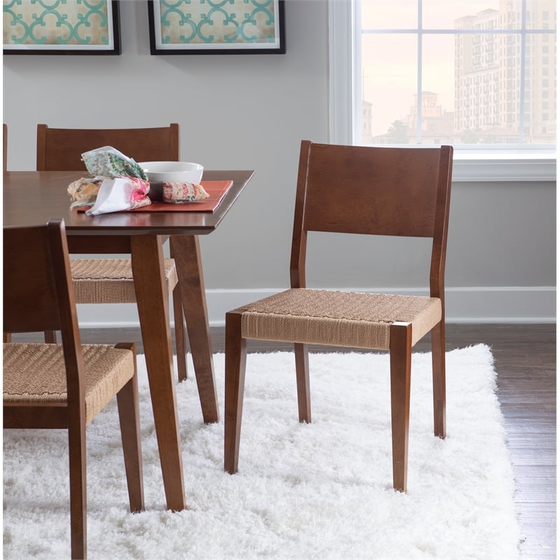 Pemberly Row 7 Pc Dining Set with Woven Rope Seats in Rich Brown Finish