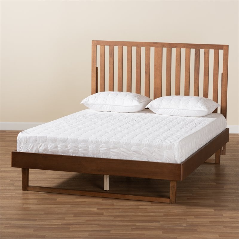 Pemberly Row Walnut Brown Wood King Platform Bed with Slatted Headboard