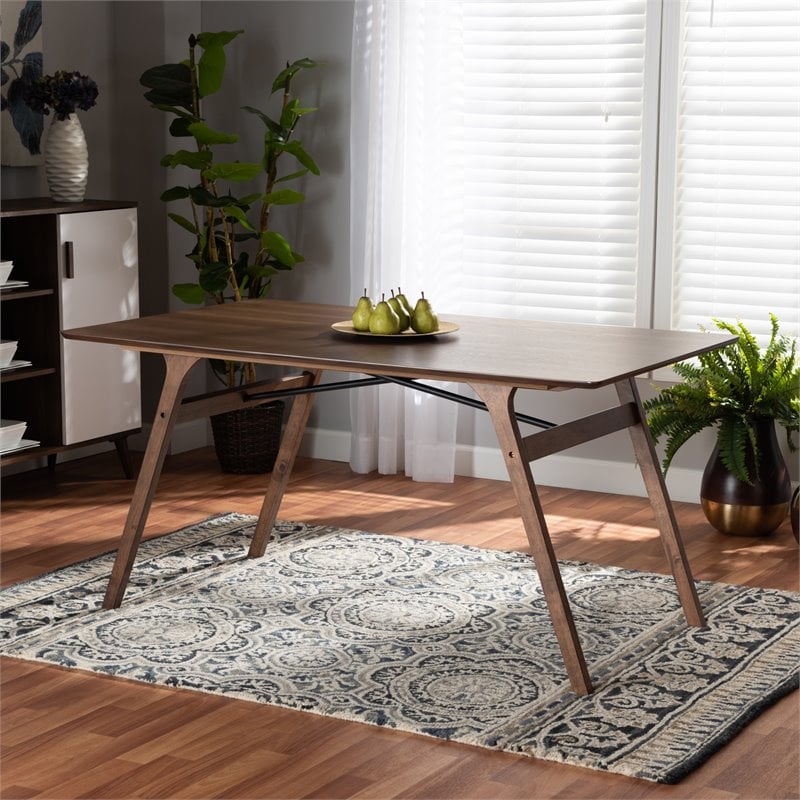 Pemberly Row Wood Dining Table with Metal Support in Walnut Brown Finish