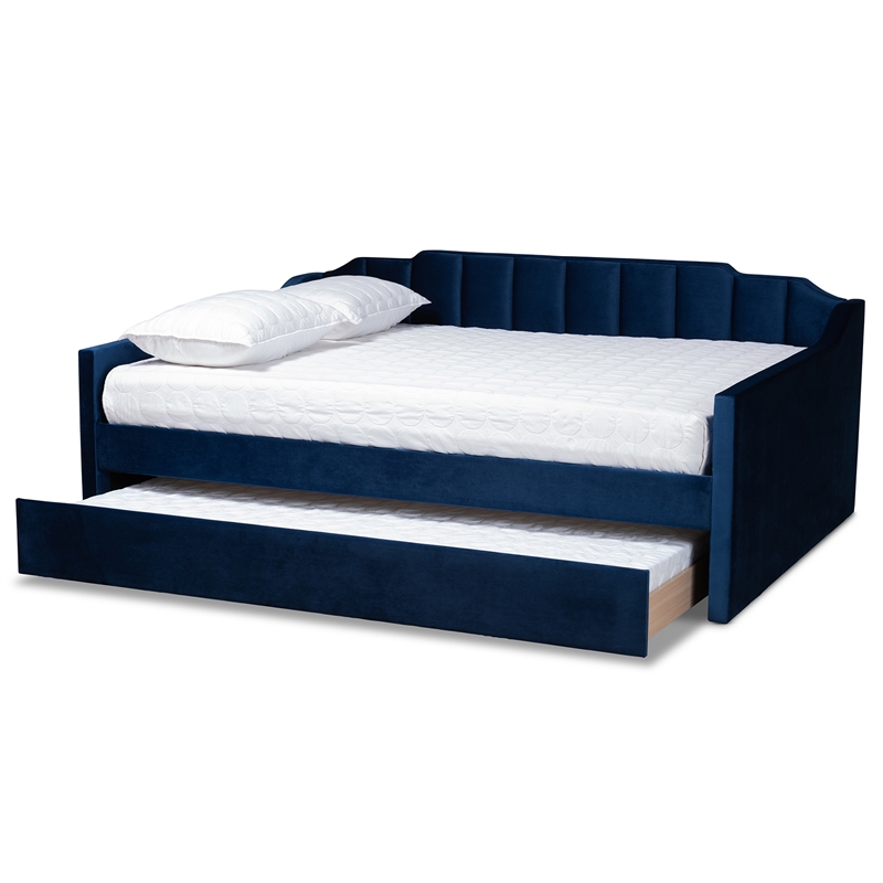 Pemberly Row Navy Blue Velvet Full Daybed with Trundle and Channel Tufting