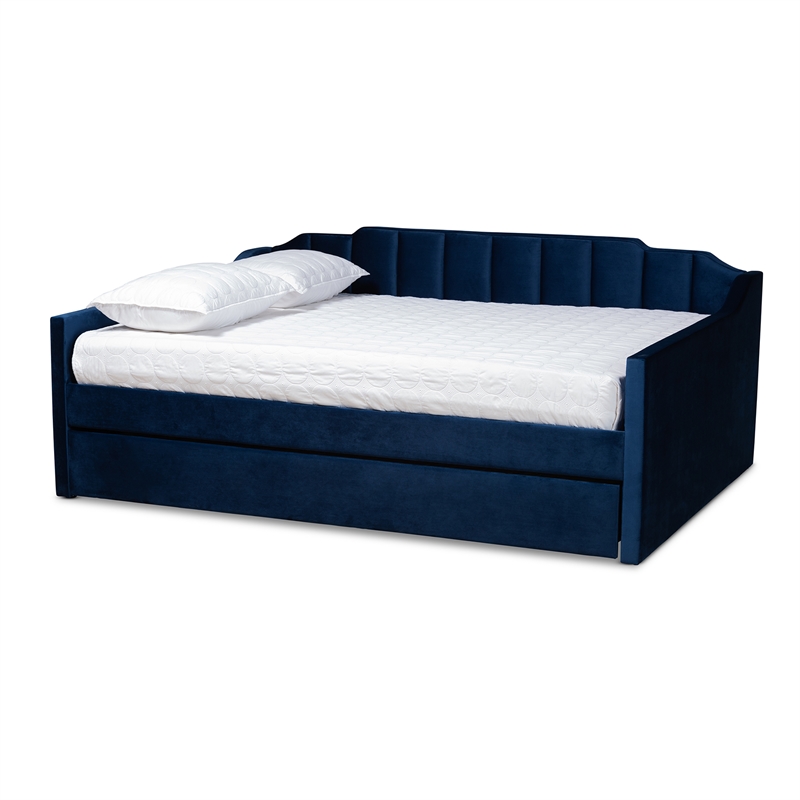 Pemberly Row Navy Blue Velvet Full Daybed with Trundle and Channel Tufting