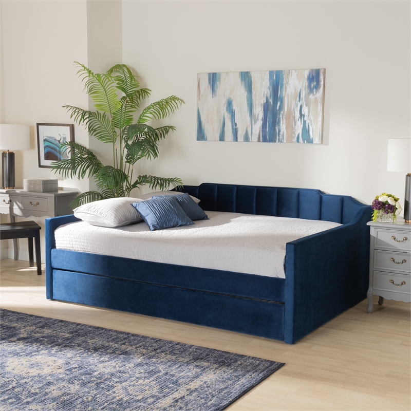Pemberly Row Navy Blue Velvet Full Daybed with Trundle and Channel Tufting