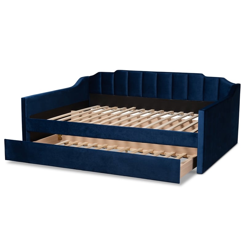 Pemberly Row Navy Blue Velvet Full Daybed with Trundle and Channel Tufting