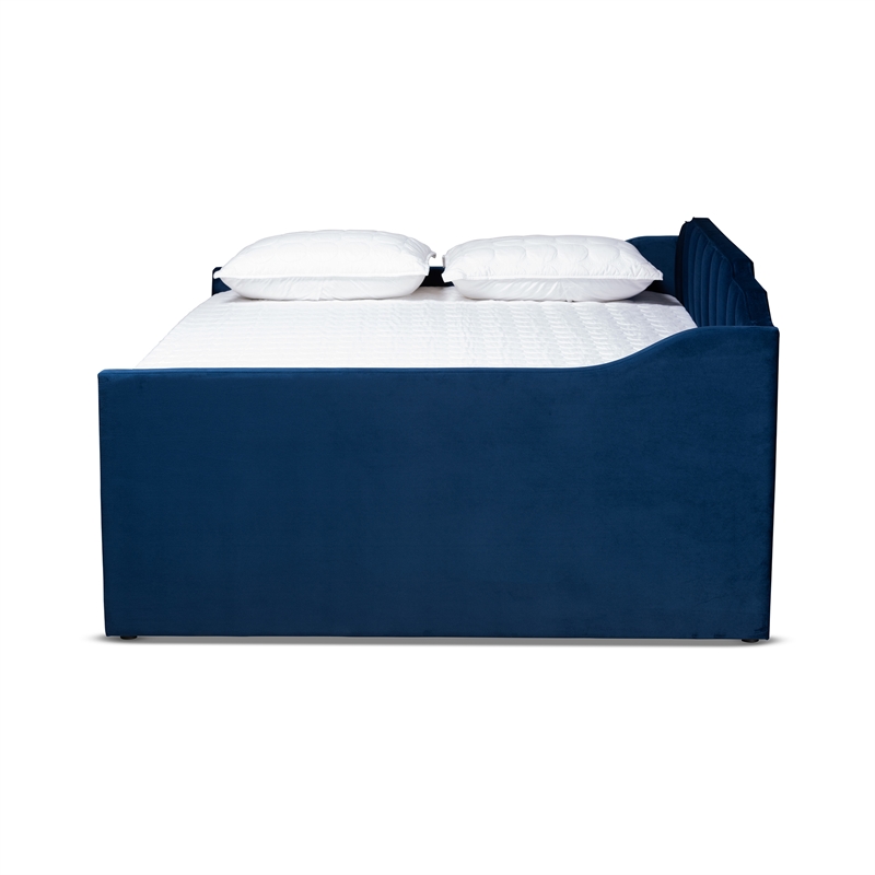 Pemberly Row Navy Blue Velvet Full Daybed with Trundle and Channel Tufting