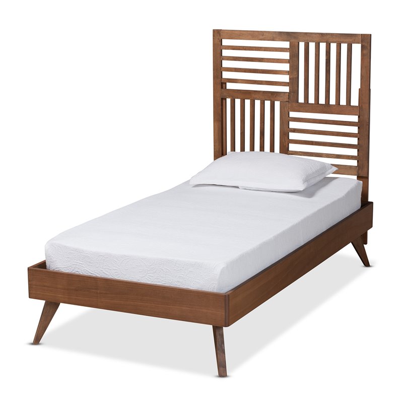 Pemberly Row Walnut Brown Twin Platform Bed with Slatted Headboard