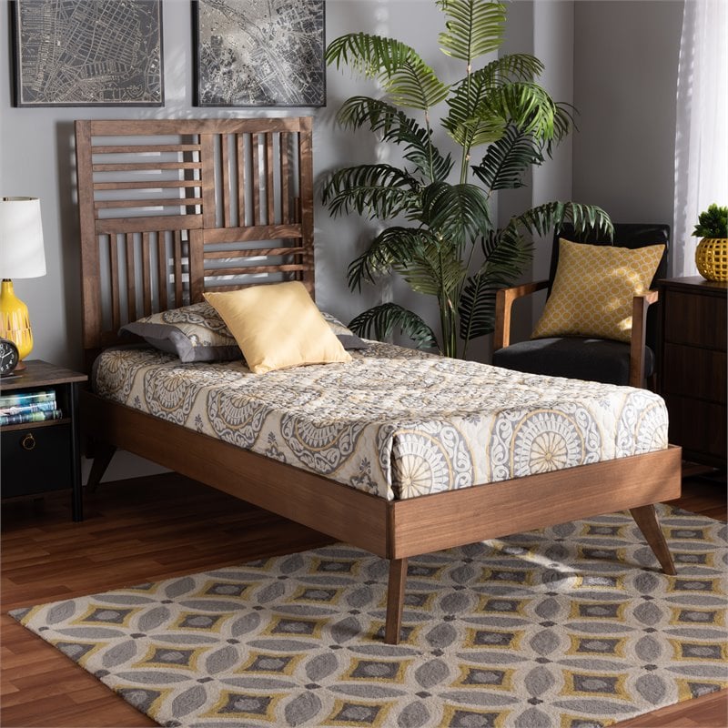 Pemberly Row Walnut Brown Twin Platform Bed with Slatted Headboard