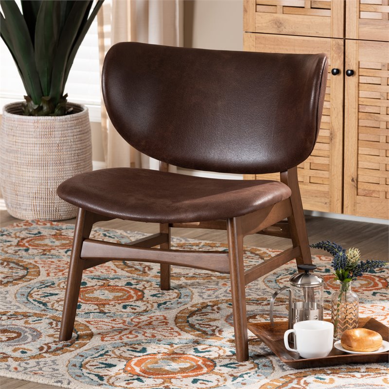 Pemberly Row Marcos Accent Chair in Walnut Brown Wood with Curved Faux Leather