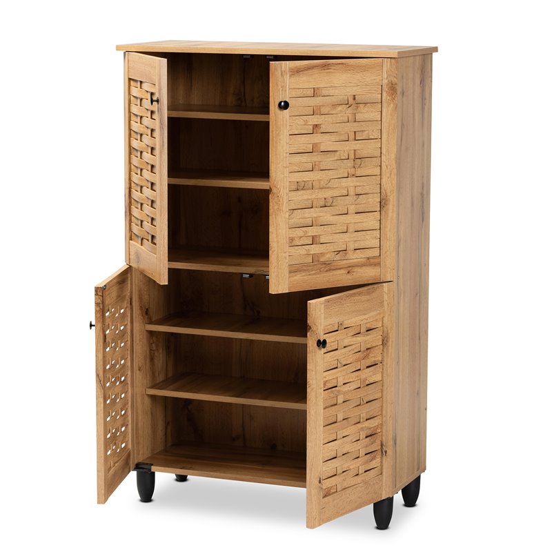 Pemberly Row Oak Brown 4-Door Shoe Storage Cabinet with Air Circulation