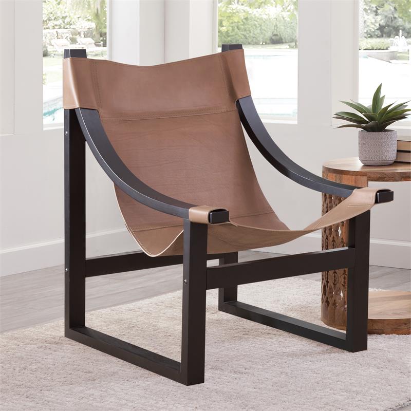 Pemberly Row Natural Top Grain Leather Sling Chair with Black Oak Frame