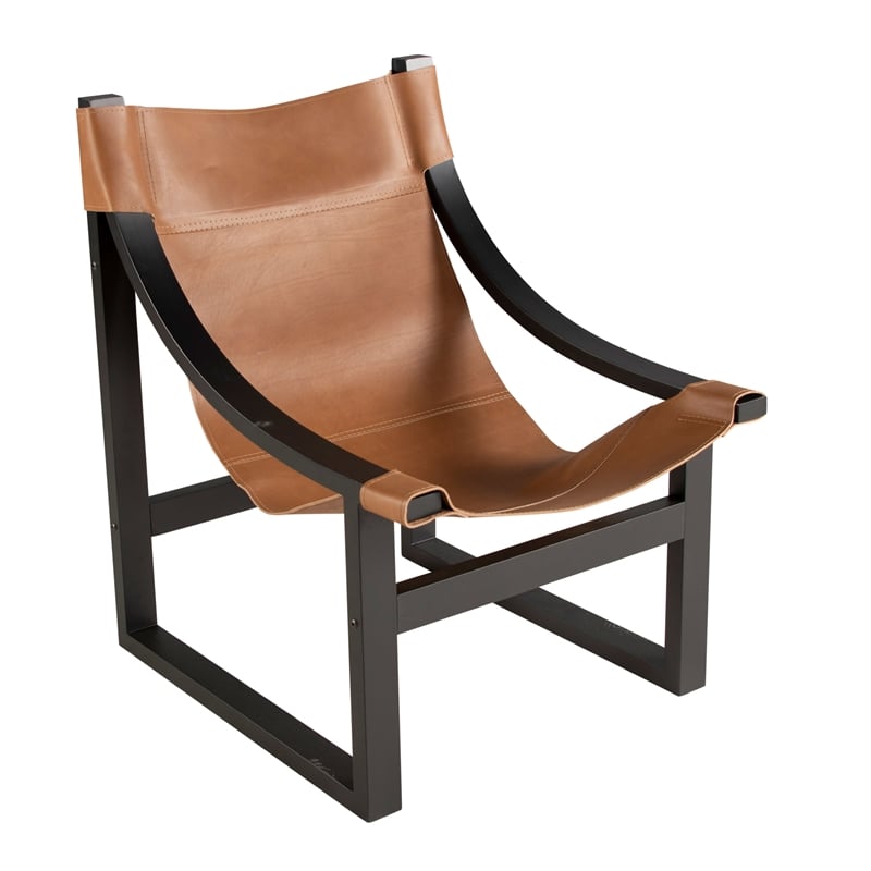 Pemberly Row Natural Top Grain Leather Sling Chair with Black Oak Frame