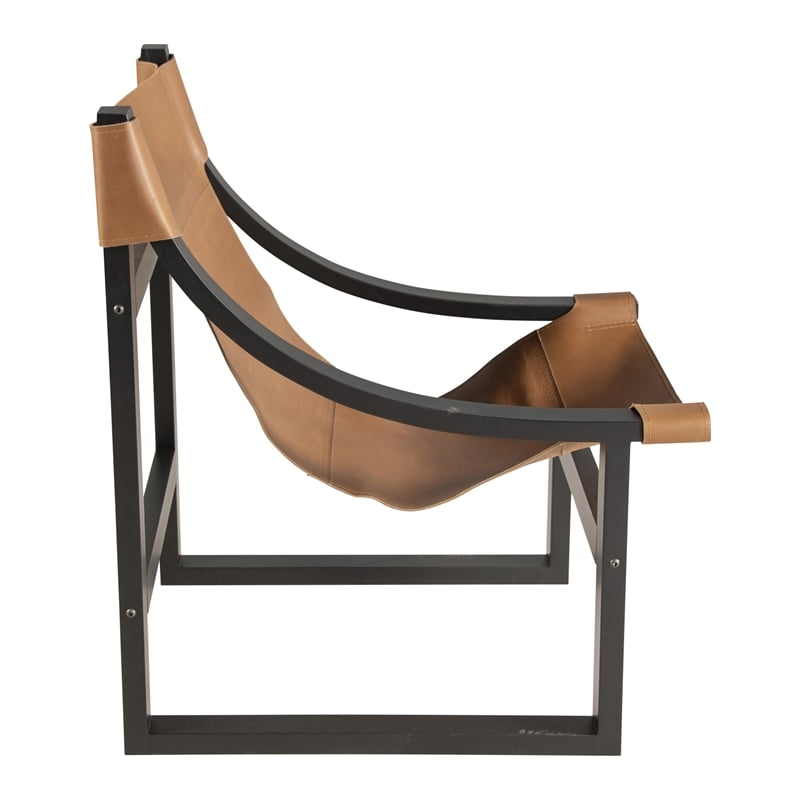Pemberly Row Natural Top Grain Leather Sling Chair with Black Oak Frame