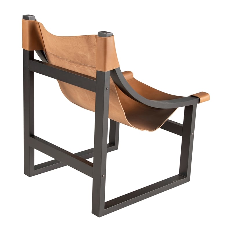 Pemberly Row Natural Top Grain Leather Sling Chair with Black Oak Frame