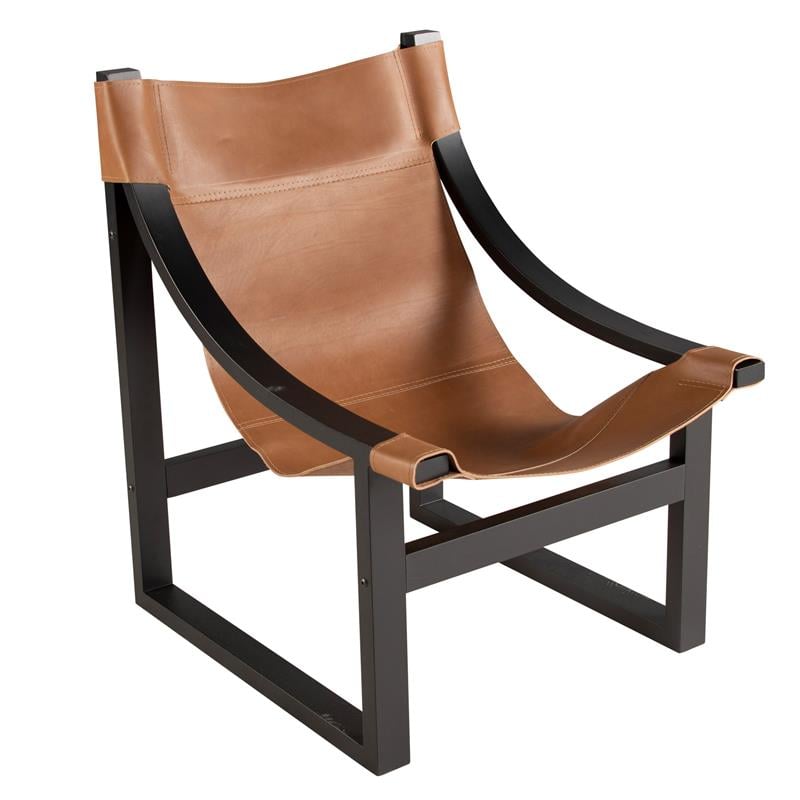 Pemberly Row Natural Top Grain Leather Sling Chair with Black Oak Frame