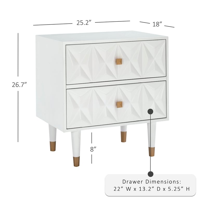 Pemberly Row 2-Drawer Nightstand with Geometric Texture in White/Gold