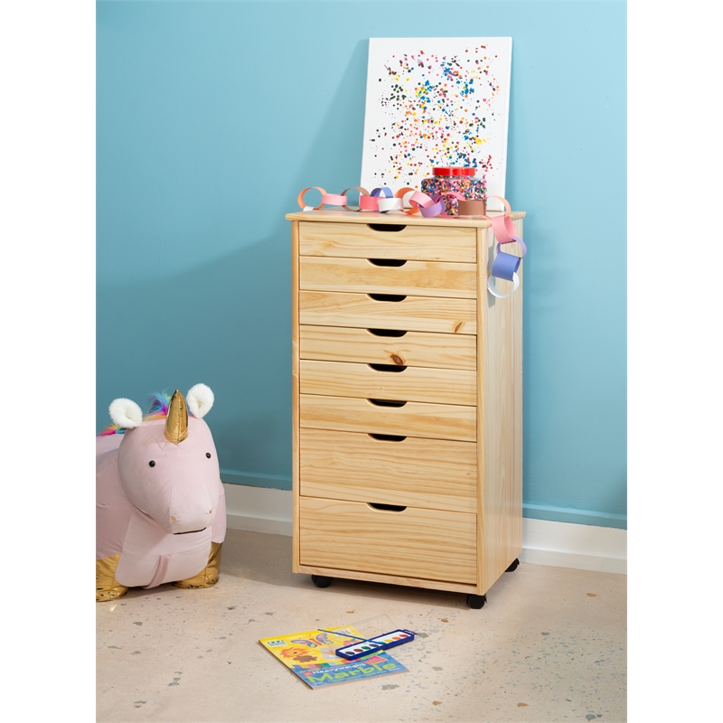 Pemberly Row Eight Drawer Rolling Storage Cart in Natural Wood