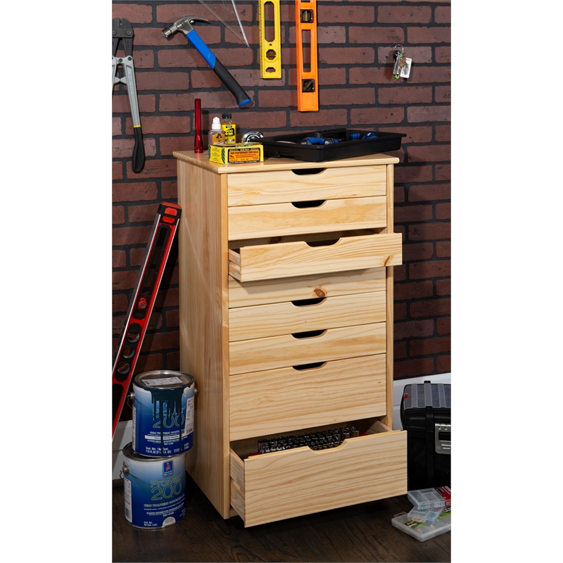 Pemberly Row Eight Drawer Rolling Storage Cart in Natural Wood