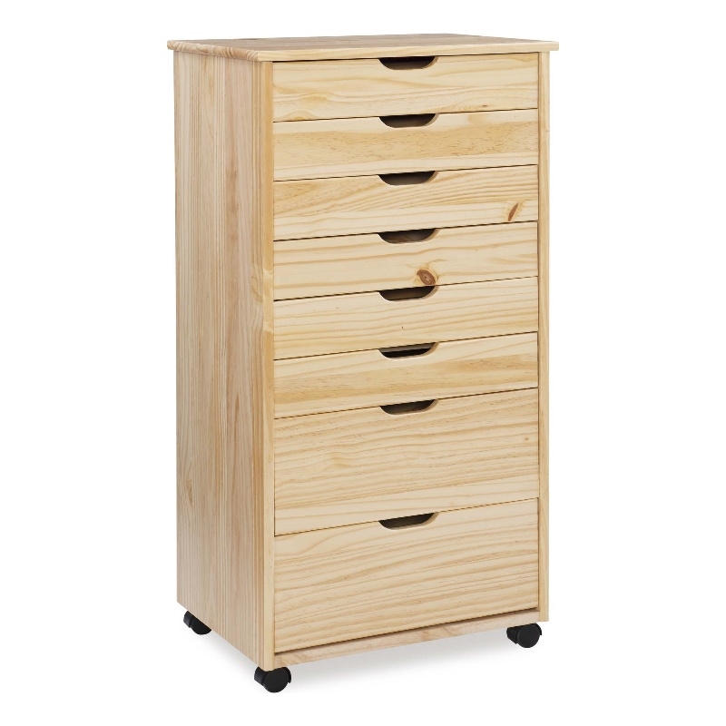 Pemberly Row Eight Drawer Rolling Storage Cart in Natural Wood