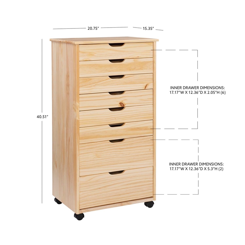 Pemberly Row Eight Drawer Rolling Storage Cart in Natural Wood