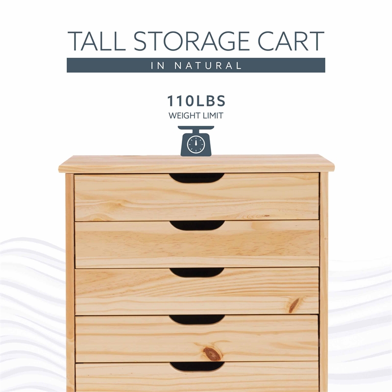 Pemberly Row Eight Drawer Rolling Storage Cart in Natural Wood