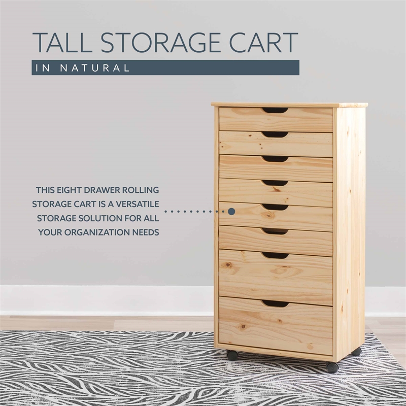Pemberly Row Eight Drawer Rolling Storage Cart in Natural Wood