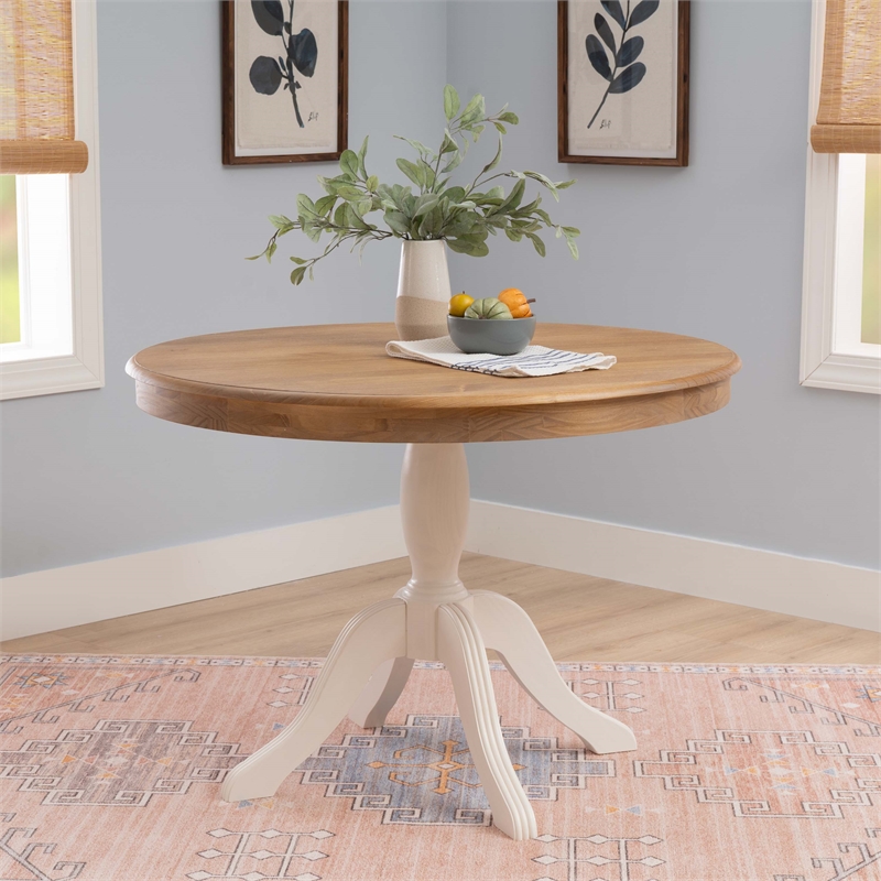 Pemberly Row Round Pedestal Dining Table in Natural and White Solid Wood