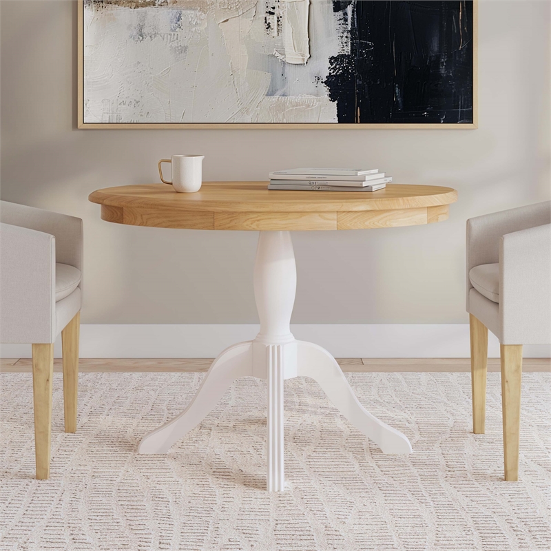 Pemberly Row Round Pedestal Dining Table in Natural and White Solid Wood