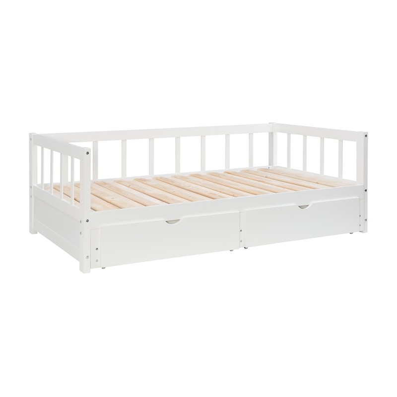 Pemberly Row Twin to King Daybed with 2 Drawers in White Pine Wood