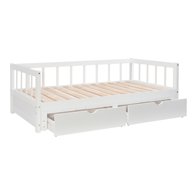 Pemberly Row Twin to King Daybed with 2 Drawers in White Pine Wood
