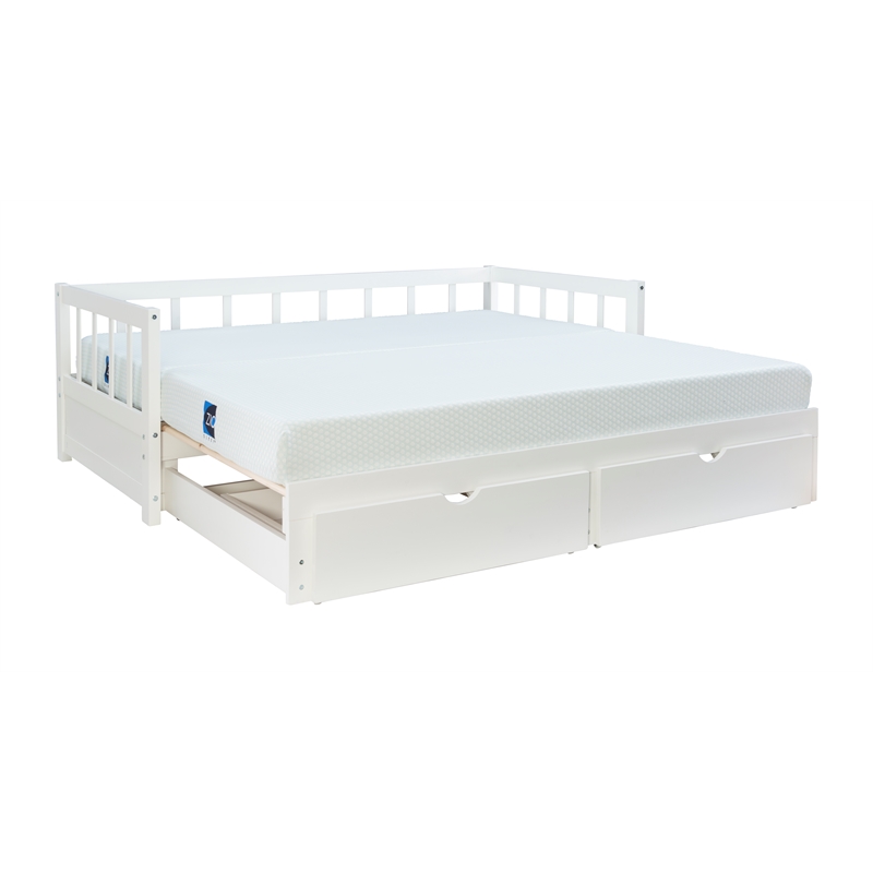 Pemberly Row Twin to King Daybed with 2 Drawers in White Pine Wood