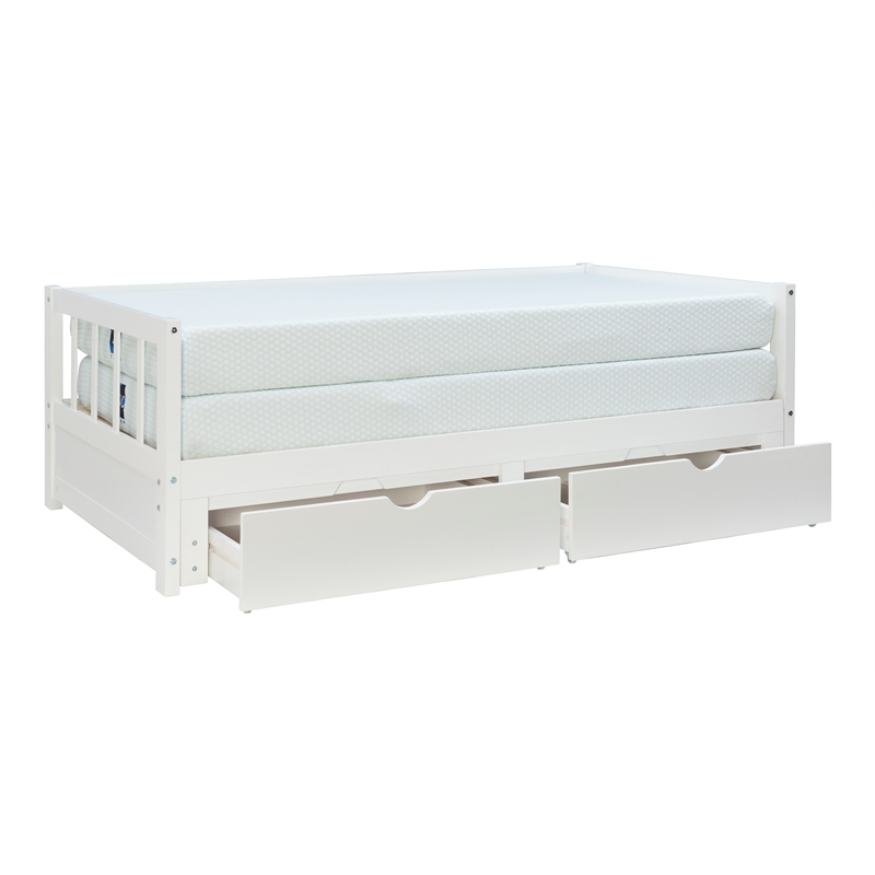 Pemberly Row Twin to King Daybed with 2 Drawers in White Pine Wood