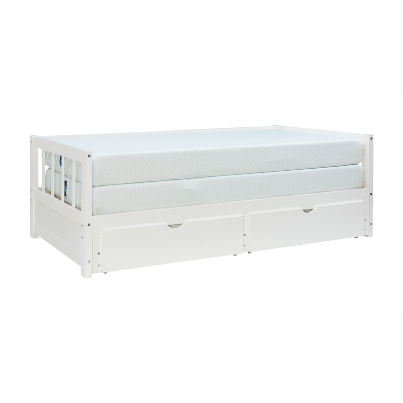 Pemberly Row Twin to King Daybed with 2 Drawers in White Pine Wood
