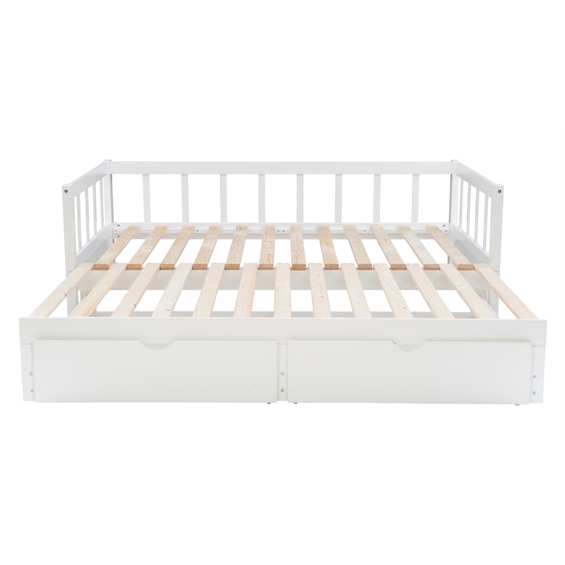 Pemberly Row Twin to King Daybed with 2 Drawers in White Pine Wood