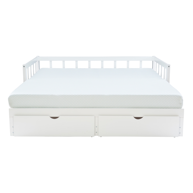 Pemberly Row Twin to King Daybed with 2 Drawers in White Pine Wood