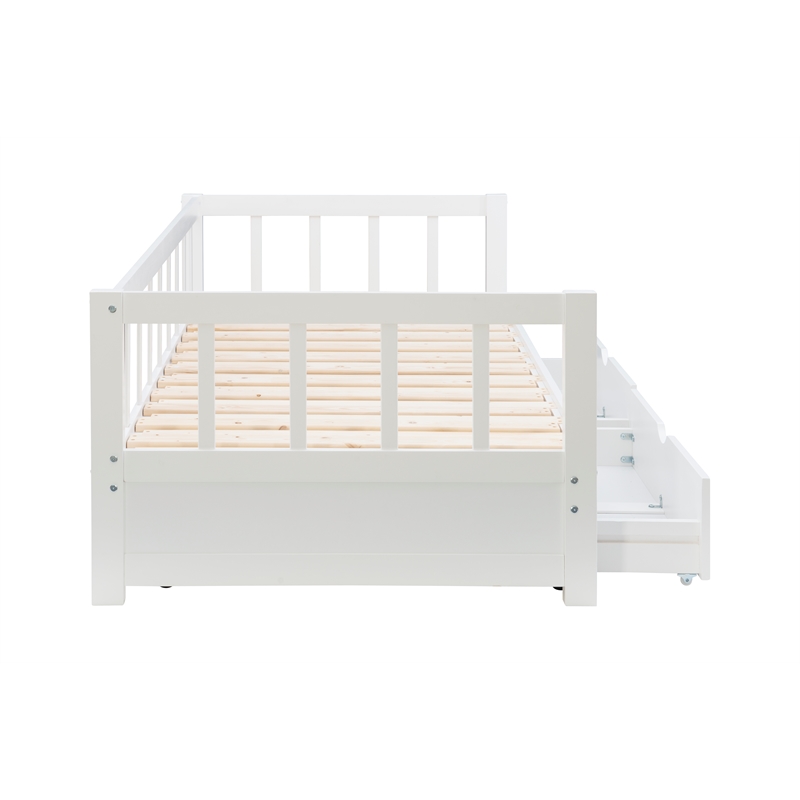 Pemberly Row Twin to King Daybed with 2 Drawers in White Pine Wood