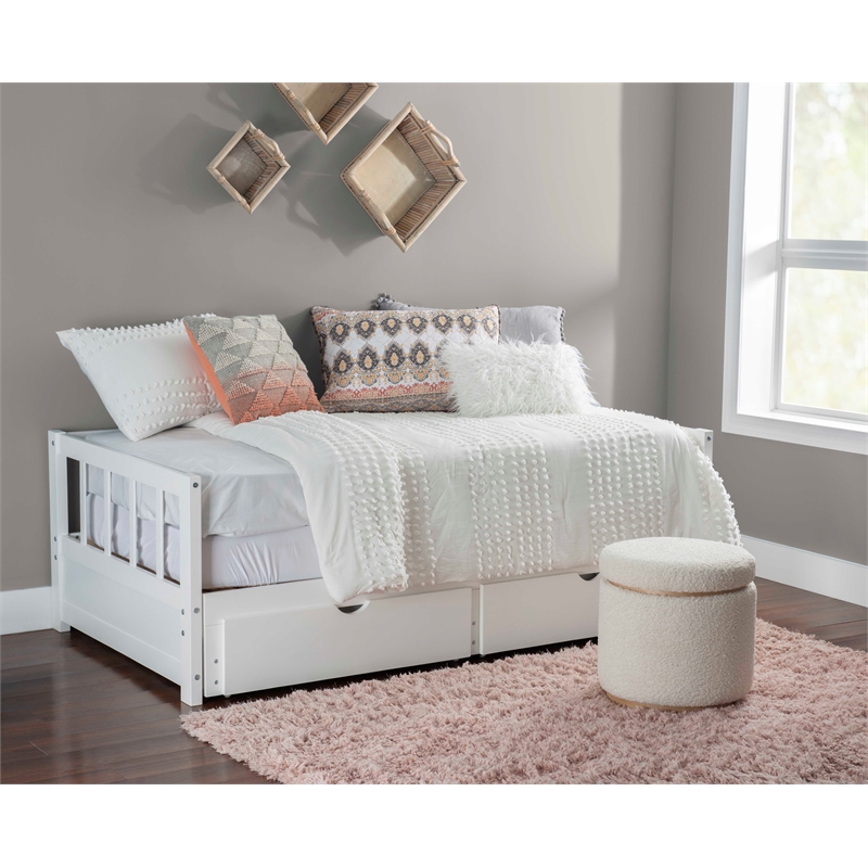 Pemberly Row Twin to King Daybed with 2 Drawers in White Pine Wood