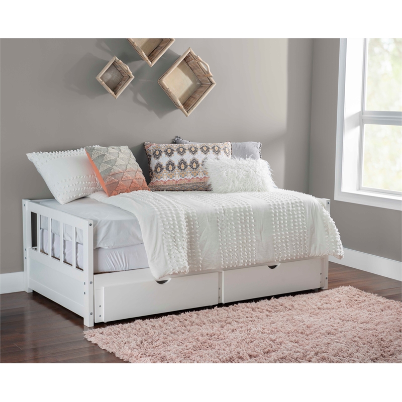 Pemberly Row Twin to King Daybed with 2 Drawers in White Pine Wood