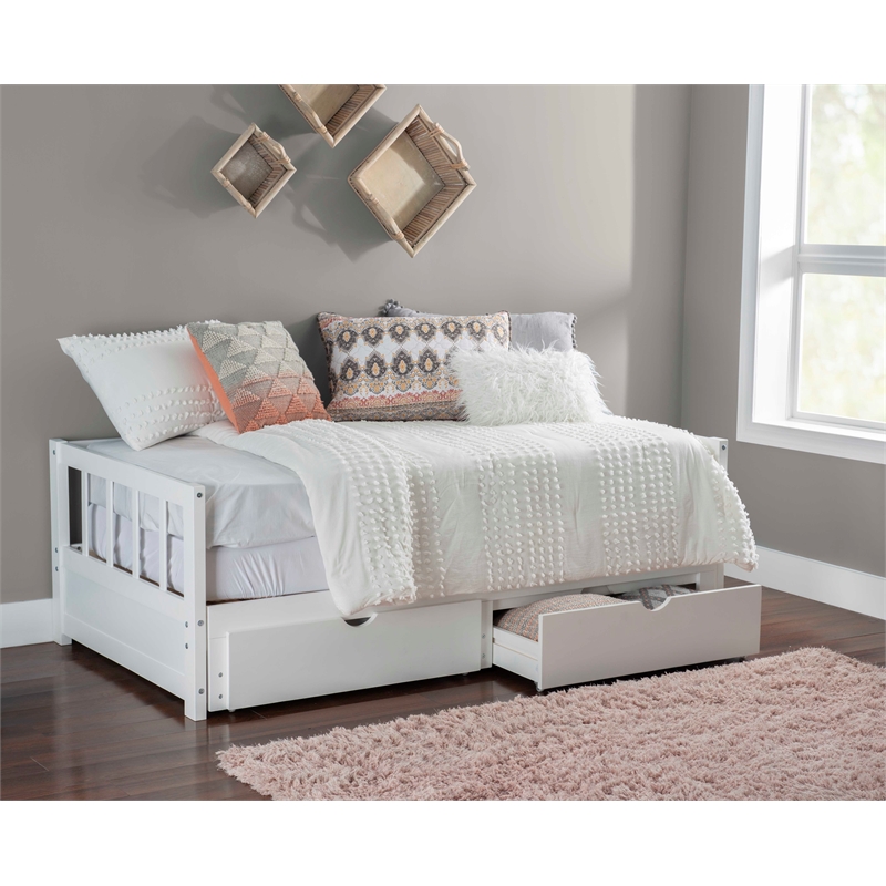 Pemberly Row Twin to King Daybed with 2 Drawers in White Pine Wood