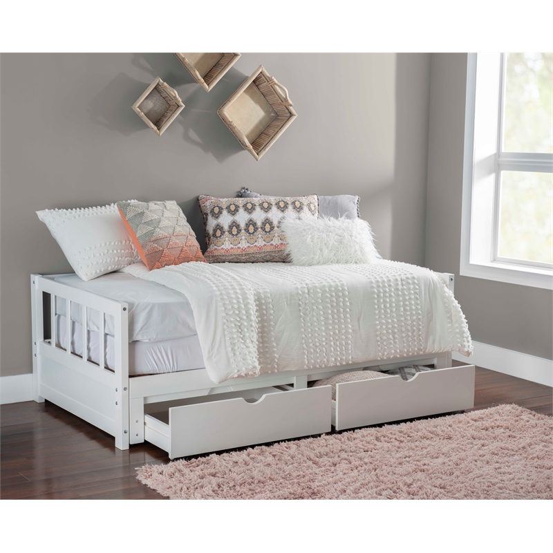 Pemberly Row Twin to King Daybed with 2 Drawers in White Pine Wood