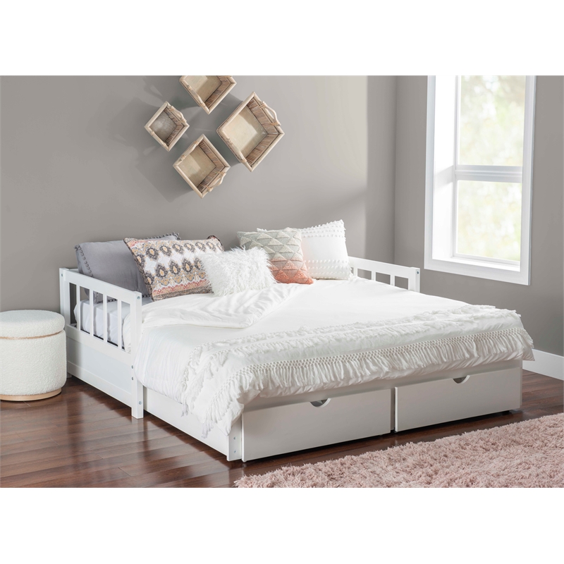 Pemberly Row Twin to King Daybed with 2 Drawers in White Pine Wood