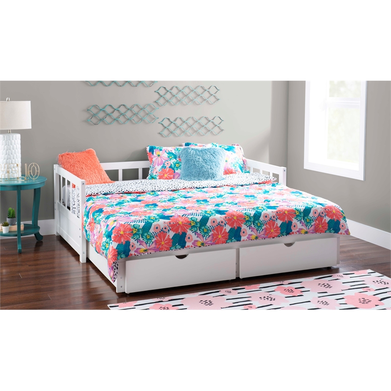 Pemberly Row Twin to King Daybed with 2 Drawers in White Pine Wood