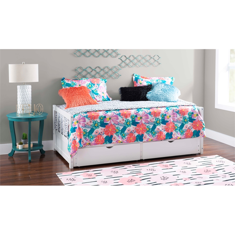 Pemberly Row Twin to King Daybed with 2 Drawers in White Pine Wood
