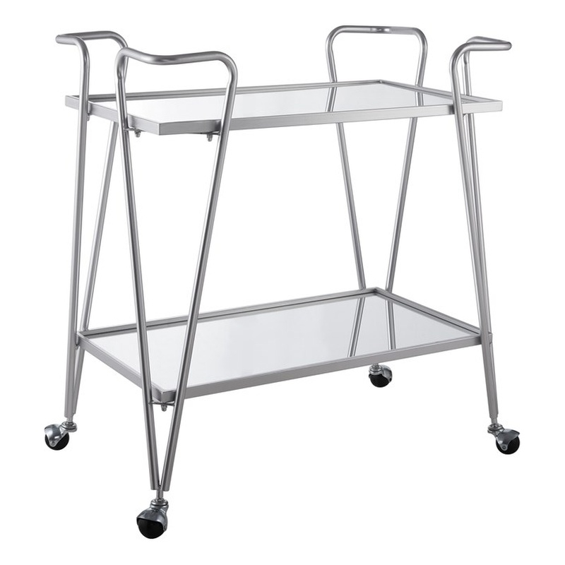 Pemberly Row Metal Rolling Bar Cart with Mirrored Shelves in Silver