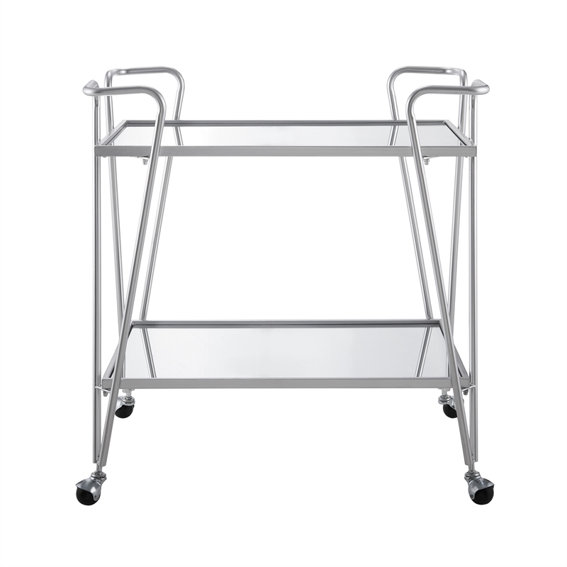 Pemberly Row Metal Rolling Bar Cart with Mirrored Shelves in Silver