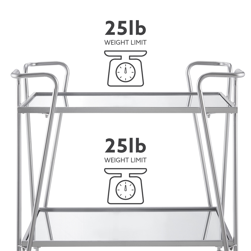 Pemberly Row Metal Rolling Bar Cart with Mirrored Shelves in Silver