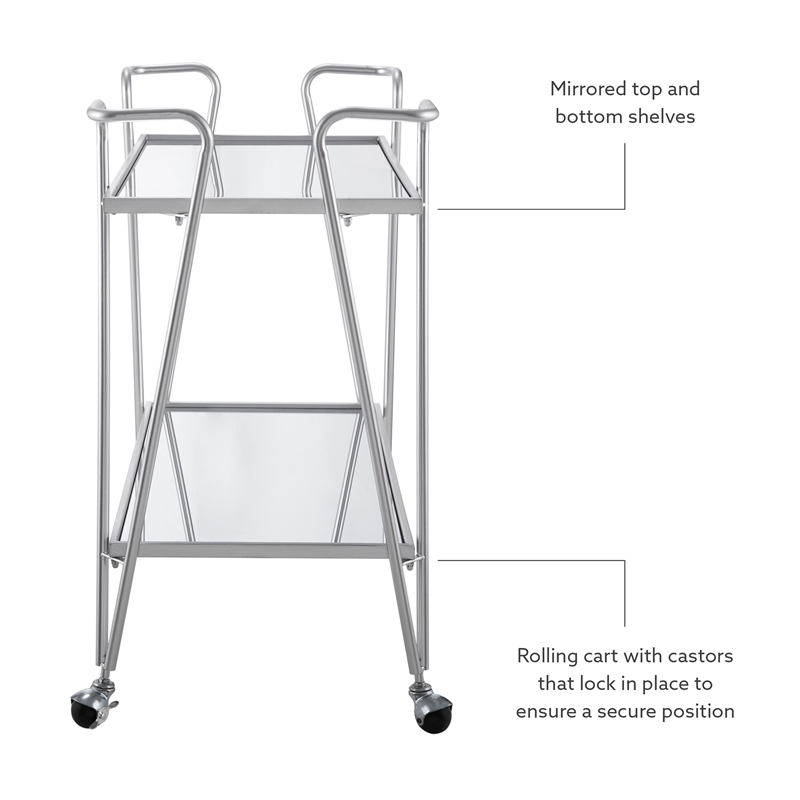 Pemberly Row Metal Rolling Bar Cart with Mirrored Shelves in Silver