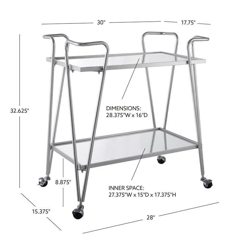 Pemberly Row Metal Rolling Bar Cart with Mirrored Shelves in Silver